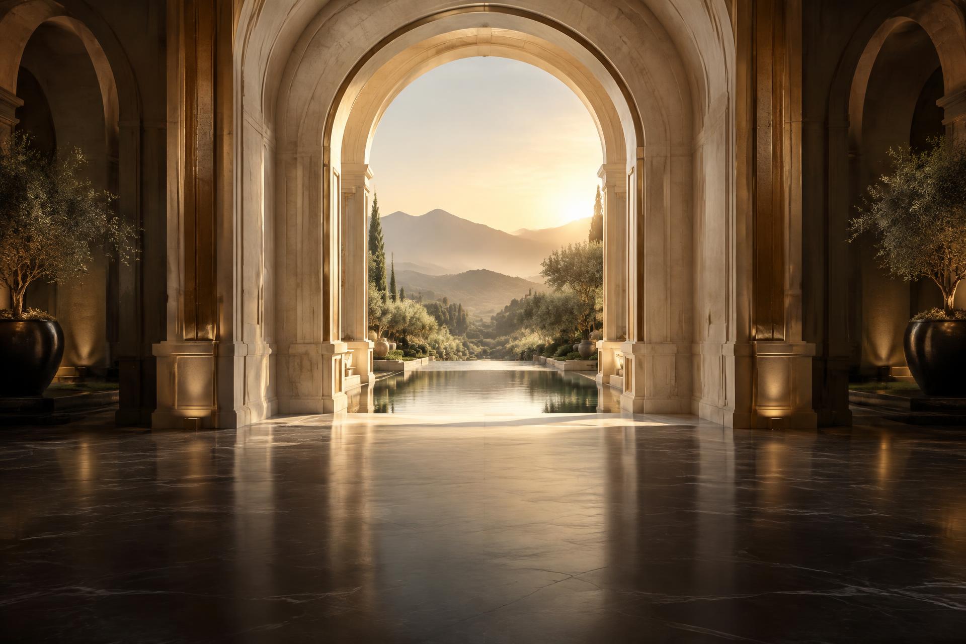 A sunlit marble gateway opening onto a tranquil garden and reflecting pool